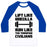 Virgin Teez  Baseball Tee Unisex Classic Baseball Tee / x-small / White/Blue LIFT LIKE GODZILLA, RUN LIKE THE TERRIFIED CIVILIANS UNISEX CLASSIC BASEBALL TEE
