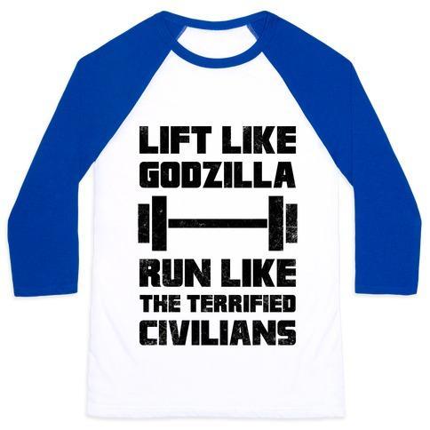 Virgin Teez  Baseball Tee Unisex Classic Baseball Tee / x-small / White/Blue LIFT LIKE GODZILLA, RUN LIKE THE TERRIFIED CIVILIANS UNISEX CLASSIC BASEBALL TEE