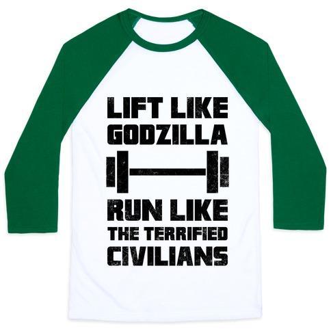 Virgin Teez  Baseball Tee Unisex Classic Baseball Tee / x-small / White/Dark Green LIFT LIKE GODZILLA, RUN LIKE THE TERRIFIED CIVILIANS UNISEX CLASSIC BASEBALL TEE