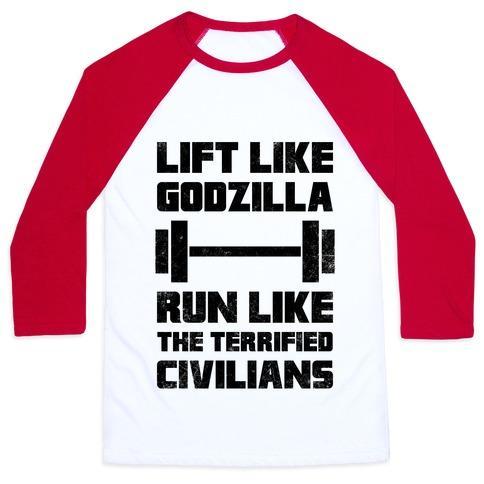 Virgin Teez  Baseball Tee Unisex Classic Baseball Tee / x-small / White/Red LIFT LIKE GODZILLA, RUN LIKE THE TERRIFIED CIVILIANS UNISEX CLASSIC BASEBALL TEE