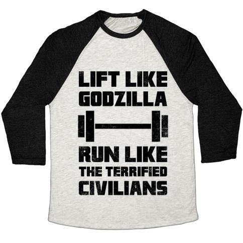 Virgin Teez  Baseball Tee Unisex Tri-Blend Baseball Tee / small / Oatmeal / Black LIFT LIKE GODZILLA, RUN LIKE THE TERRIFIED CIVILIANS UNISEX TRI-BLEND BASEBALL TEE