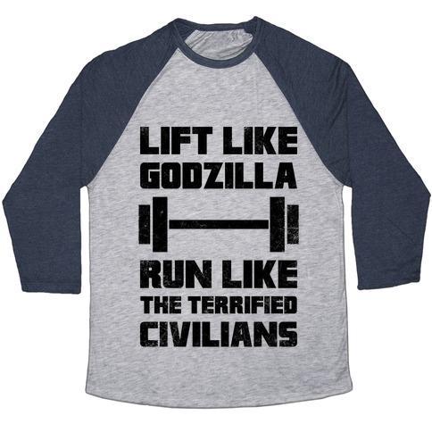 Virgin Teez  Baseball Tee Unisex Tri-Blend Baseball Tee / small / Athletic Gray / Navy LIFT LIKE GODZILLA, RUN LIKE THE TERRIFIED CIVILIANS UNISEX TRI-BLEND BASEBALL TEE