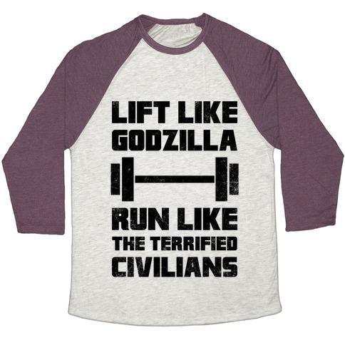 Virgin Teez  Baseball Tee Unisex Tri-Blend Baseball Tee / small / Oatmeal / Maroon LIFT LIKE GODZILLA, RUN LIKE THE TERRIFIED CIVILIANS UNISEX TRI-BLEND BASEBALL TEE