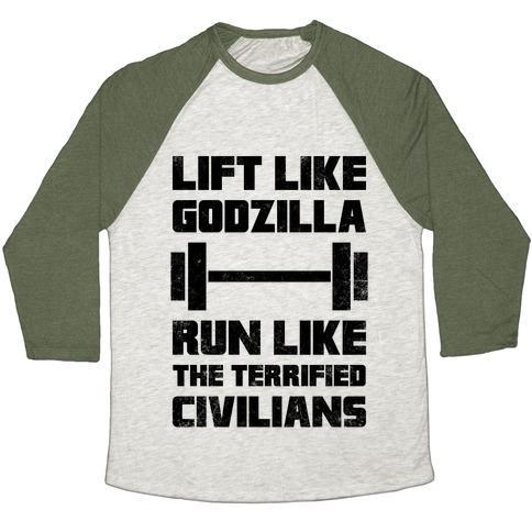 Virgin Teez  Baseball Tee Unisex Tri-Blend Baseball Tee / small / Oatmeal / Moss LIFT LIKE GODZILLA, RUN LIKE THE TERRIFIED CIVILIANS UNISEX TRI-BLEND BASEBALL TEE