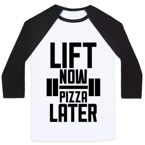Virgin Teez  Baseball Tee Unisex Classic Baseball Tee / x-small / White/Black LIFT NOW, PIZZA LATER UNISEX CLASSIC BASEBALL TEE