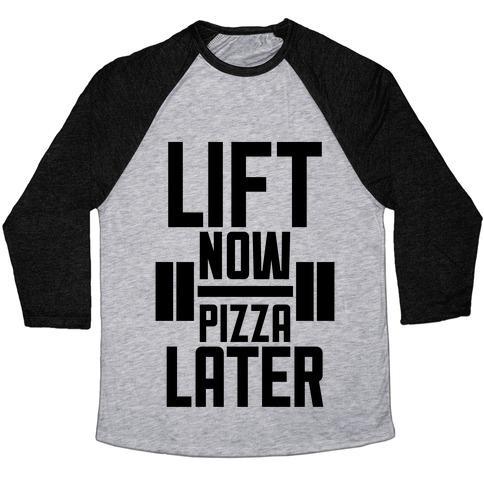 Virgin Teez  Baseball Tee Unisex Tri-Blend Baseball Tee / small / Athletic Gray / Black LIFT NOW, PIZZA LATER UNISEX TRI-BLEND BASEBALL TEE