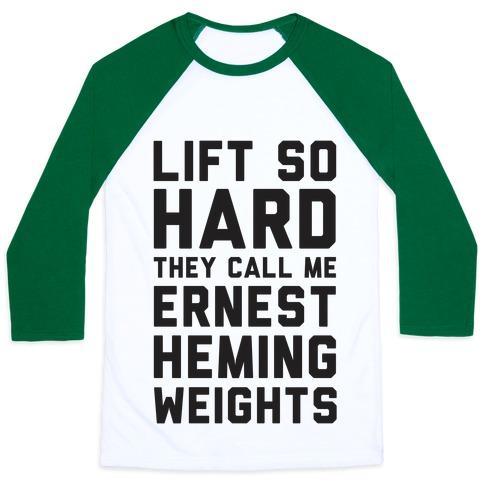 Virgin Teez  Baseball Tee Unisex Classic Baseball Tee / x-small / White/Dark Green LIFT SO HARD THE CALL ME ERNEST HEMINGWEIGHTS UNISEX CLASSIC BASEBALL TEE
