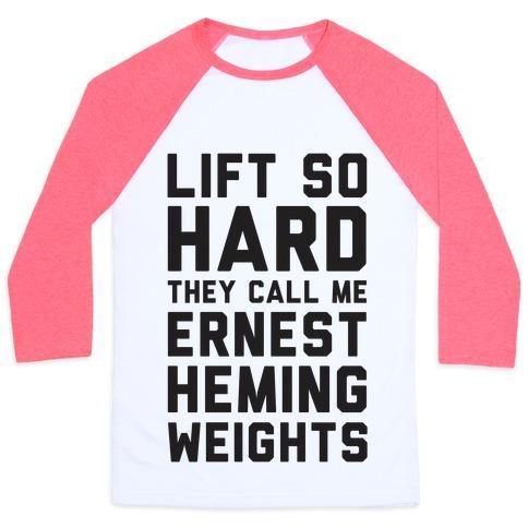 Virgin Teez  Baseball Tee Unisex Classic Baseball Tee / x-small / White/Neon Pink LIFT SO HARD THE CALL ME ERNEST HEMINGWEIGHTS UNISEX CLASSIC BASEBALL TEE