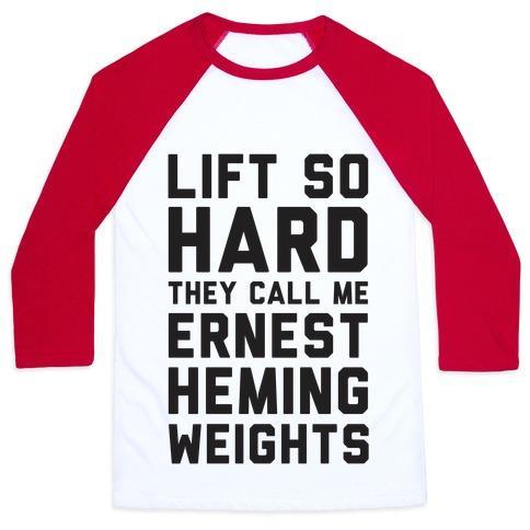 Virgin Teez  Baseball Tee Unisex Classic Baseball Tee / x-small / White/Red LIFT SO HARD THE CALL ME ERNEST HEMINGWEIGHTS UNISEX CLASSIC BASEBALL TEE