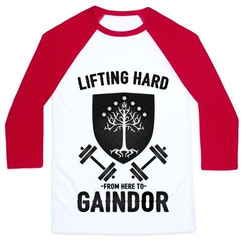 Virgin Teez  Baseball Tee Unisex Classic Baseball Tee / x-small / White/Red LIFTING HARD FROM HERE TO GAINDOR UNISEX CLASSIC BASEBALL TEE
