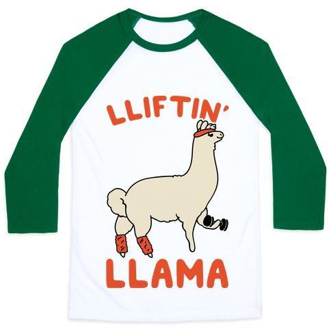 Virgin Teez  Baseball Tee Unisex Classic Baseball Tee / x-small / White/Dark Green LIFTING LLAMA UNISEX CLASSIC BASEBALL TEE