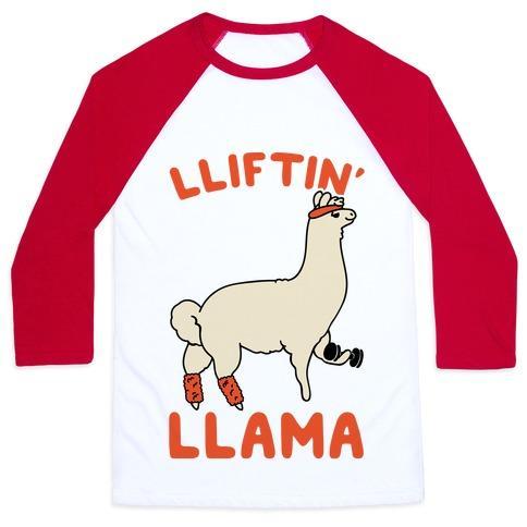 Virgin Teez  Baseball Tee Unisex Classic Baseball Tee / x-small / White/Red LIFTING LLAMA UNISEX CLASSIC BASEBALL TEE
