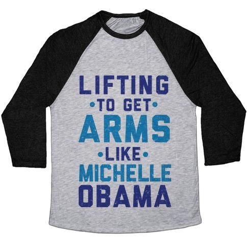 Virgin Teez  Baseball Tee Unisex Tri-Blend Baseball Tee / small / Athletic Gray / Black LIFTING TO GET ARMS LIKE MICHELLE OBAMA UNISEX TRI-BLEND BASEBALL TEE