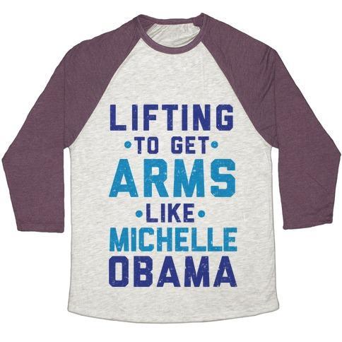 Virgin Teez  Baseball Tee Unisex Tri-Blend Baseball Tee / small / Oatmeal / Maroon LIFTING TO GET ARMS LIKE MICHELLE OBAMA UNISEX TRI-BLEND BASEBALL TEE