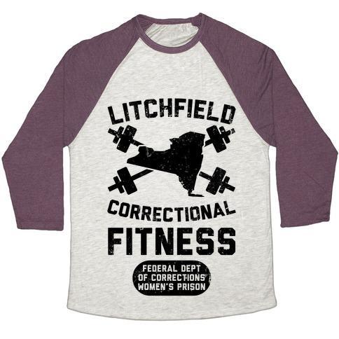 Virgin Teez  Baseball Tee Unisex Tri-Blend Baseball Tee / small / Oatmeal / Maroon LITCHFIELD CORRECTIONAL FITNESS UNISEX TRI-BLEND BASEBALL TEE