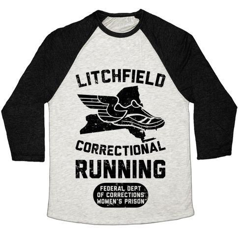 Virgin Teez  Baseball Tee Unisex Tri-Blend Baseball Tee / small / Oatmeal / Black LITCHFIELD CORRECTIONAL RUNNING UNISEX TRI-BLEND BASEBALL TEE
