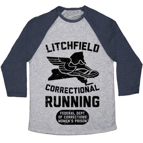 Virgin Teez  Baseball Tee Unisex Tri-Blend Baseball Tee / small / Athletic Gray / Navy LITCHFIELD CORRECTIONAL RUNNING UNISEX TRI-BLEND BASEBALL TEE