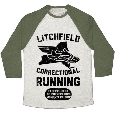 Virgin Teez  Baseball Tee Unisex Tri-Blend Baseball Tee / small / Oatmeal / Moss LITCHFIELD CORRECTIONAL RUNNING UNISEX TRI-BLEND BASEBALL TEE