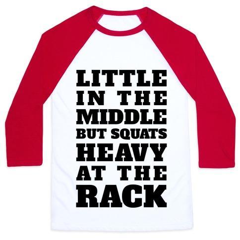 Virgin Teez  Baseball Tee Unisex Classic Baseball Tee / x-small / White/Red LITTLE IN THE MIDDLE BUT SQUATS HEAVY AT THE RACK UNISEX CLASSIC BASEBALL TEE