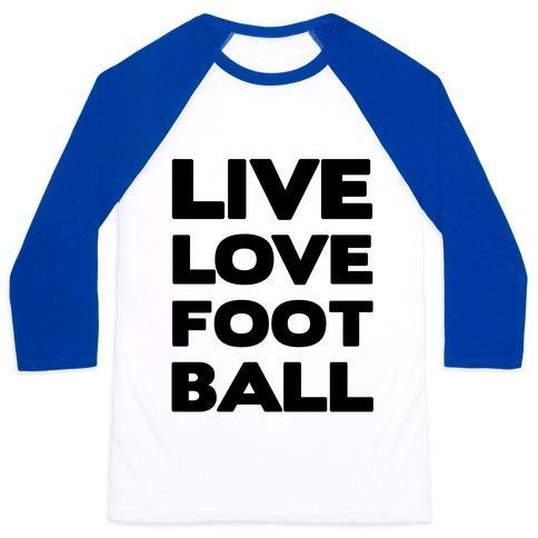 Virgin Teez  Baseball Tee Unisex Classic Baseball Tee / x-small / White/Blue LIVE LOVE FOOTBALL UNISEX CLASSIC BASEBALL TEE