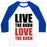 Virgin Teez  Baseball Tee Unisex Classic Baseball Tee / x-small / White/Blue LIVE THE BURN LOVE THE BURN UNISEX CLASSIC BASEBALL TEE