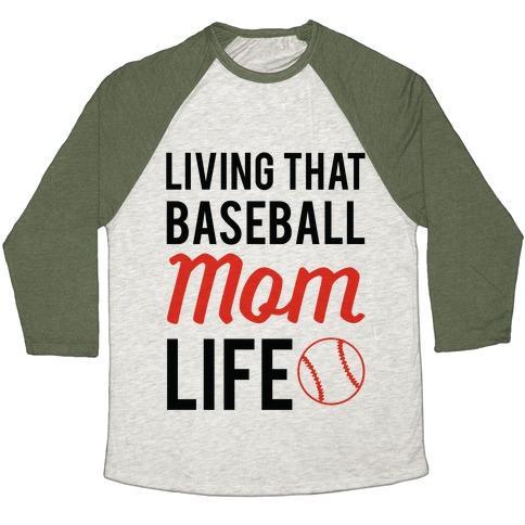 Virgin Teez  Baseball Tee Unisex Tri-Blend Baseball Tee / small / Oatmeal / Moss LIVING THAT BASEBALL MOM LIFE UNISEX TRI-BLEND BASEBALL TEE