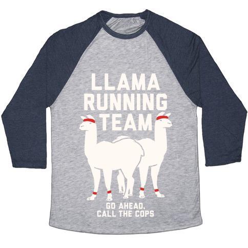 Virgin Teez  Baseball Tee Unisex Tri-Blend Baseball Tee / small / Athletic Gray / Navy LLAMA RUNNING TEAM - GO AHEAD, CALL THE COPS UNISEX TRI-BLEND BASEBALL TEE