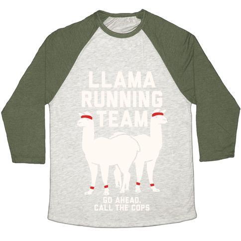 Virgin Teez  Baseball Tee Unisex Tri-Blend Baseball Tee / small / Oatmeal / Moss LLAMA RUNNING TEAM - GO AHEAD, CALL THE COPS UNISEX TRI-BLEND BASEBALL TEE