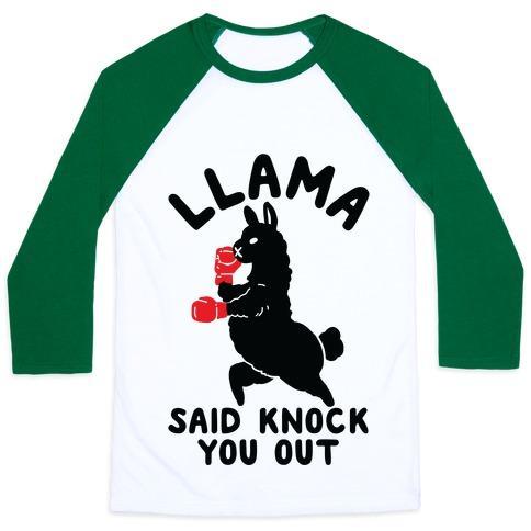 Virgin Teez  Baseball Tee Unisex Classic Baseball Tee / x-small / White/Dark Green LLAMA SAID KNOCK YOU OUT UNISEX CLASSIC BASEBALL TEE