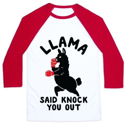 Virgin Teez  Baseball Tee Unisex Classic Baseball Tee / x-small / White/Red LLAMA SAID KNOCK YOU OUT UNISEX CLASSIC BASEBALL TEE