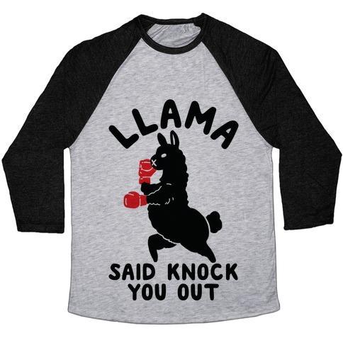 Virgin Teez  Baseball Tee Unisex Tri-Blend Baseball Tee / small / Athletic Gray / Black LLAMA SAID KNOCK YOU OUT UNISEX TRI-BLEND BASEBALL TEE
