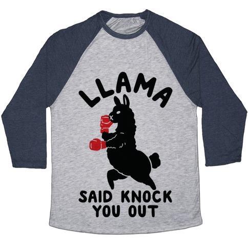 Virgin Teez  Baseball Tee Unisex Tri-Blend Baseball Tee / small / Athletic Gray / Navy LLAMA SAID KNOCK YOU OUT UNISEX TRI-BLEND BASEBALL TEE