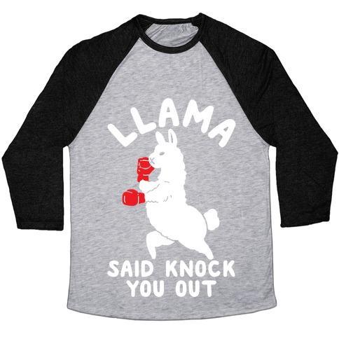 Virgin Teez  Baseball Tee Unisex Tri-Blend Baseball Tee / small / Athletic Gray / Black LLAMA SAID KNOCK YOU OUT UNISEX TRI-BLEND BASEBALL TEE