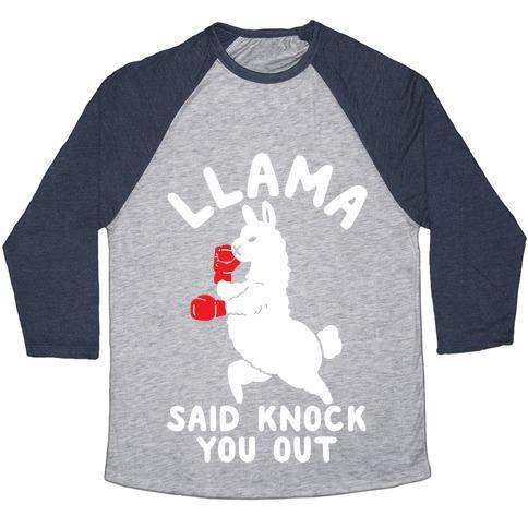 Virgin Teez  Baseball Tee Unisex Tri-Blend Baseball Tee / small / Athletic Gray / Navy LLAMA SAID KNOCK YOU OUT UNISEX TRI-BLEND BASEBALL TEE
