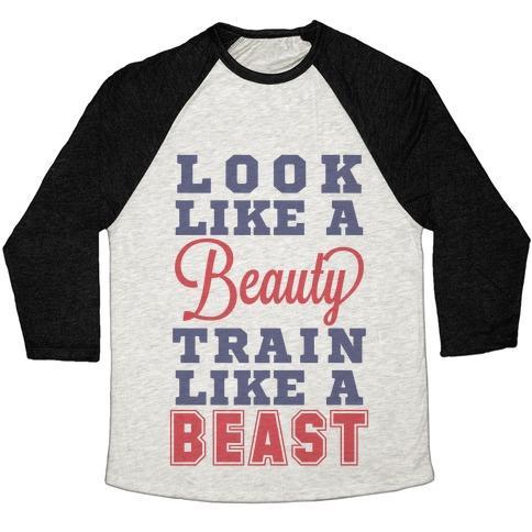 Virgin Teez  Baseball Tee Unisex Tri-Blend Baseball Tee / small / Oatmeal / Black LOOK LIKE A BEAUTY TRAIN LIKE A BEAST UNISEX TRI-BLEND BASEBALL TEE