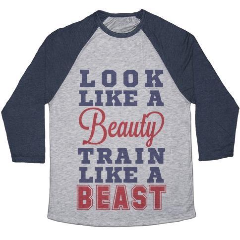 Virgin Teez  Baseball Tee Unisex Tri-Blend Baseball Tee / small / Athletic Gray / Navy LOOK LIKE A BEAUTY TRAIN LIKE A BEAST UNISEX TRI-BLEND BASEBALL TEE