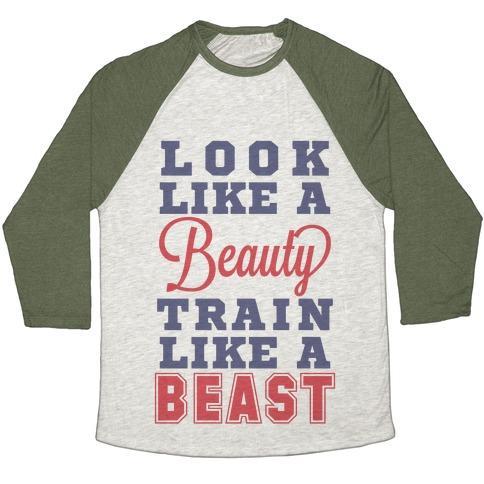 Virgin Teez  Baseball Tee Unisex Tri-Blend Baseball Tee / small / Oatmeal / Moss LOOK LIKE A BEAUTY TRAIN LIKE A BEAST UNISEX TRI-BLEND BASEBALL TEE