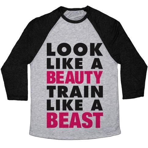 Virgin Teez  Baseball Tee Unisex Tri-Blend Baseball Tee / small / Athletic Gray / Black LOOK LIKE A BEAUTY, TRAIN LIKE A BEAST UNISEX TRI-BLEND BASEBALL TEE