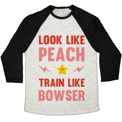 Virgin Teez  Baseball Tee Unisex Tri-Blend Baseball Tee / small / Oatmeal / Black LOOK LIKE PEACH TRAIN LIKE BOWSER UNISEX TRI-BLEND BASEBALL TEE