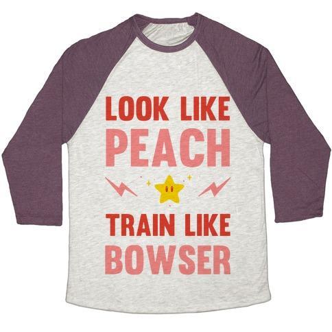 Virgin Teez  Baseball Tee Unisex Tri-Blend Baseball Tee / small / Oatmeal / Maroon LOOK LIKE PEACH TRAIN LIKE BOWSER UNISEX TRI-BLEND BASEBALL TEE