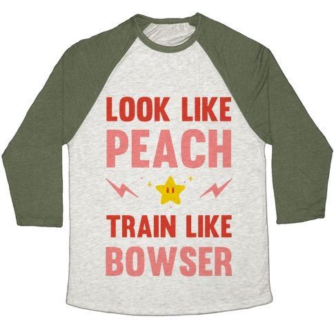 Virgin Teez  Baseball Tee Unisex Tri-Blend Baseball Tee / small / Oatmeal / Moss LOOK LIKE PEACH TRAIN LIKE BOWSER UNISEX TRI-BLEND BASEBALL TEE