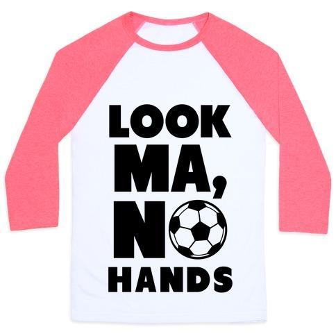 Virgin Teez  Baseball Tee Unisex Classic Baseball Tee / x-small / White/Neon Pink LOOK MA, NO HANDS (SOCCER) UNISEX CLASSIC BASEBALL TEE