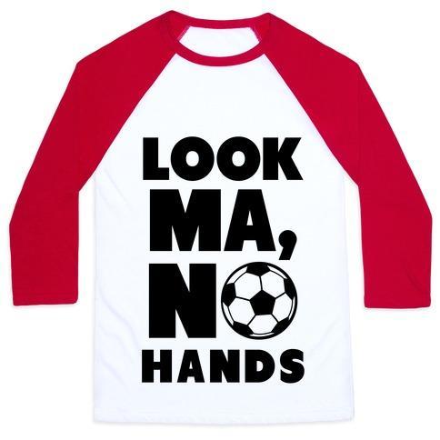 Virgin Teez  Baseball Tee Unisex Classic Baseball Tee / x-small / White/Red LOOK MA, NO HANDS (SOCCER) UNISEX CLASSIC BASEBALL TEE