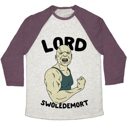 Virgin Teez  Baseball Tee Unisex Tri-Blend Baseball Tee / small / Oatmeal / Maroon LORD SWOLEDEMORT UNISEX TRI-BLEND BASEBALL TEE
