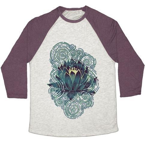Virgin Teez  Baseball Tee Unisex Tri-Blend Baseball Tee / small / Oatmeal / Maroon LOTUS FLOWER UNISEX TRI-BLEND BASEBALL TEE