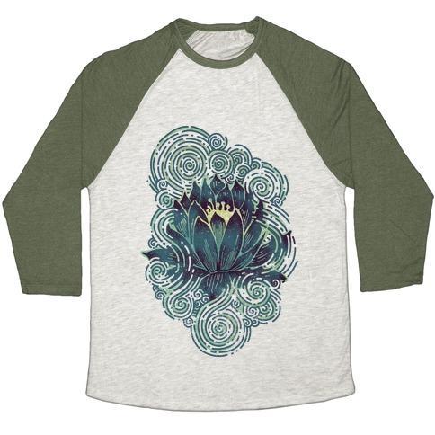 Virgin Teez  Baseball Tee Unisex Tri-Blend Baseball Tee / small / Oatmeal / Moss LOTUS FLOWER UNISEX TRI-BLEND BASEBALL TEE