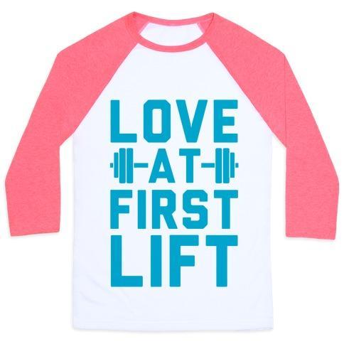 Virgin Teez  Baseball Tee Unisex Classic Baseball Tee / x-small / White/Neon Pink LOVE AT FIRST LIFT UNISEX CLASSIC BASEBALL TEE
