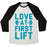 Virgin Teez  Baseball Tee Unisex Tri-Blend Baseball Tee / small / Oatmeal / Black LOVE AT FIRST LIFT UNISEX TRI-BLEND BASEBALL TEE