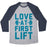 Virgin Teez  Baseball Tee Unisex Tri-Blend Baseball Tee / small / Athletic Gray / Navy LOVE AT FIRST LIFT UNISEX TRI-BLEND BASEBALL TEE