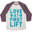 Virgin Teez  Baseball Tee Unisex Tri-Blend Baseball Tee / small / Oatmeal / Maroon LOVE AT FIRST LIFT UNISEX TRI-BLEND BASEBALL TEE
